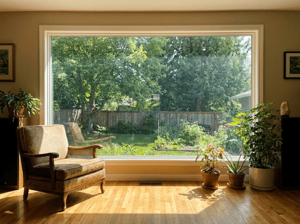 Bright living room looking through spotless windows