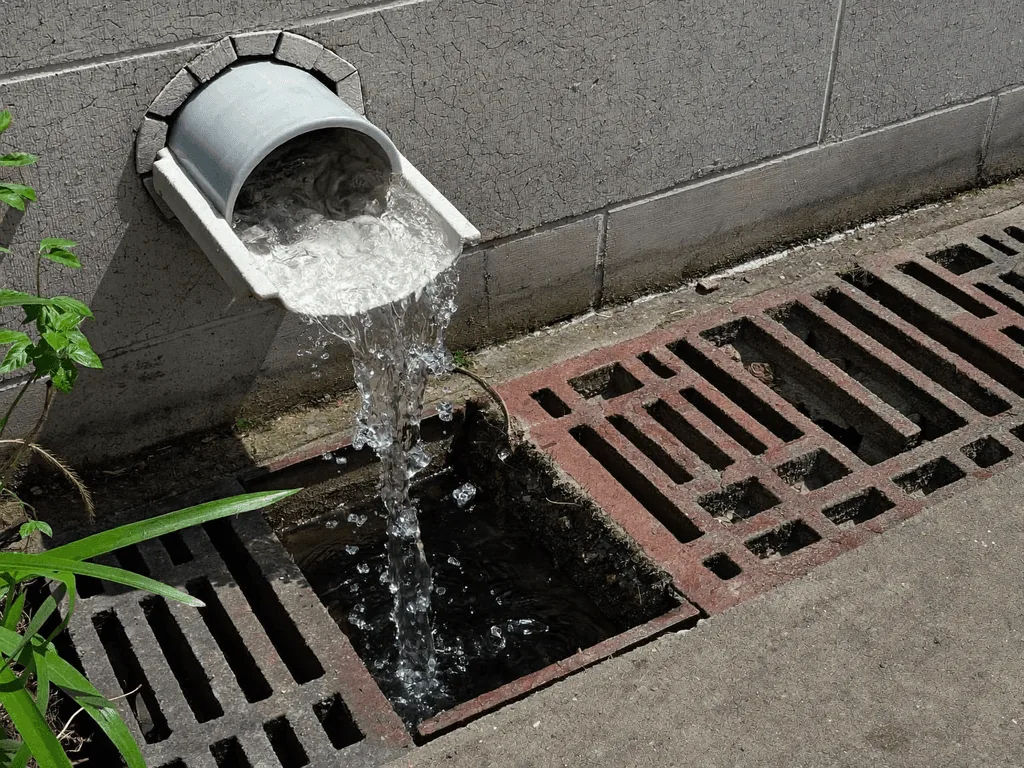 Water pouring from a downspout into a clean exterior drain grate