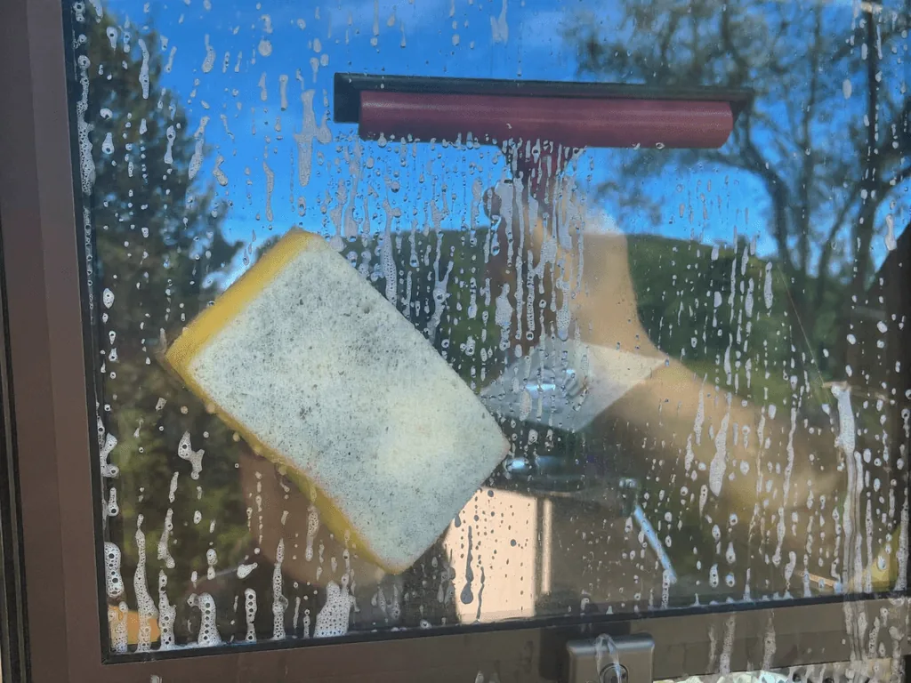 Soapy sponge and squeegee cleaning an exterior glass window against blue sky
