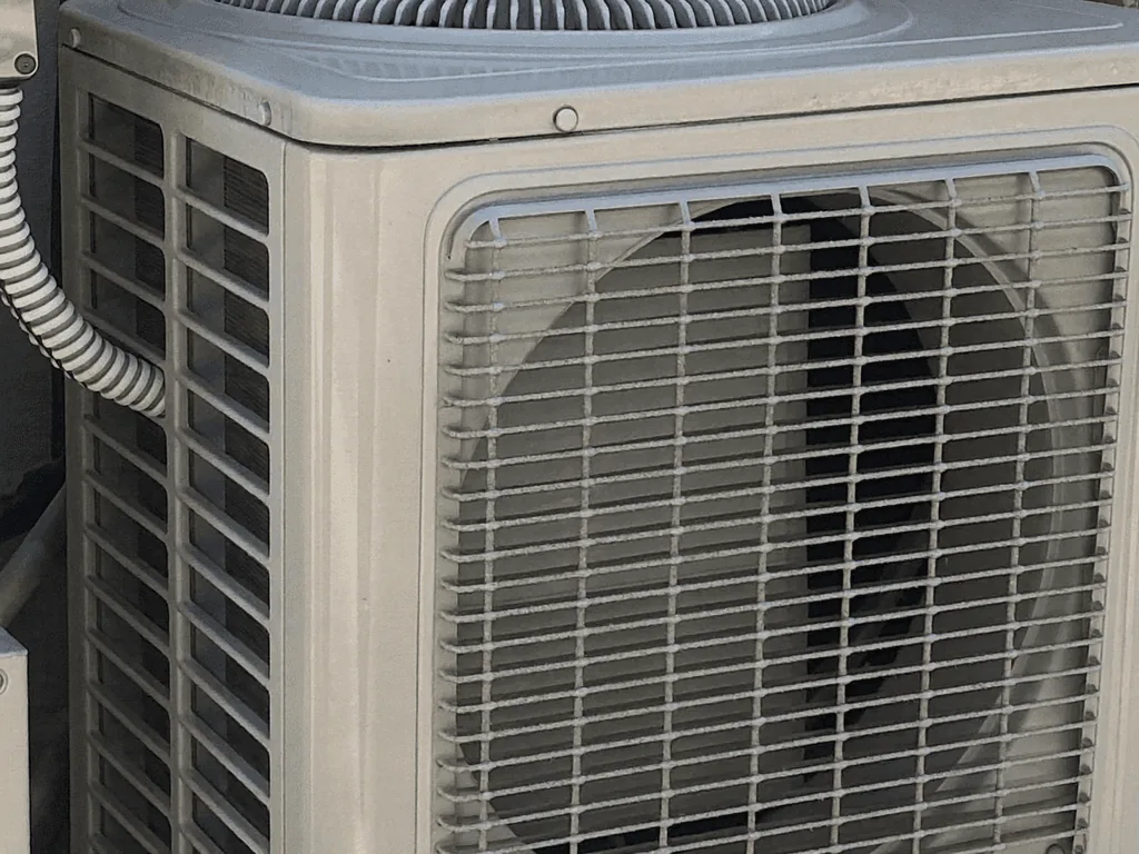 Close-up of an outdoor A/C condenser unit with fan and grille