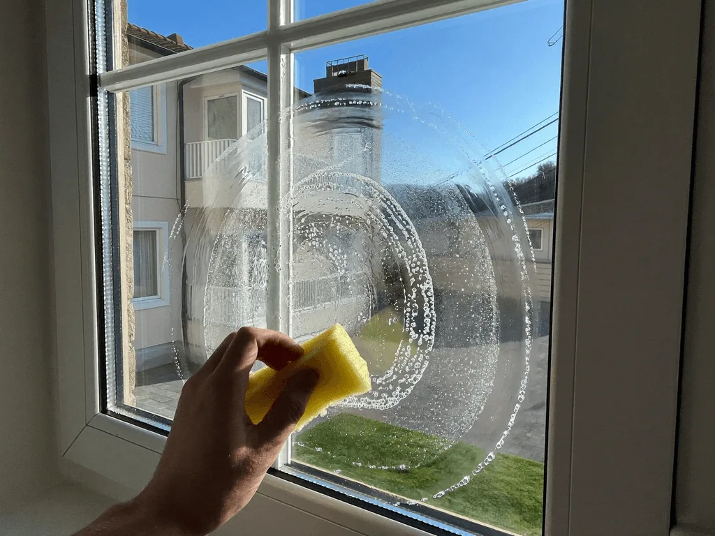 Technician scrubbing a soapy window with a yellow sponge