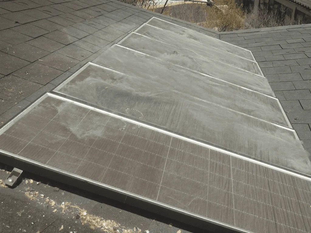 Dusty grime-covered rooftop solar panels awaiting professional cleaning