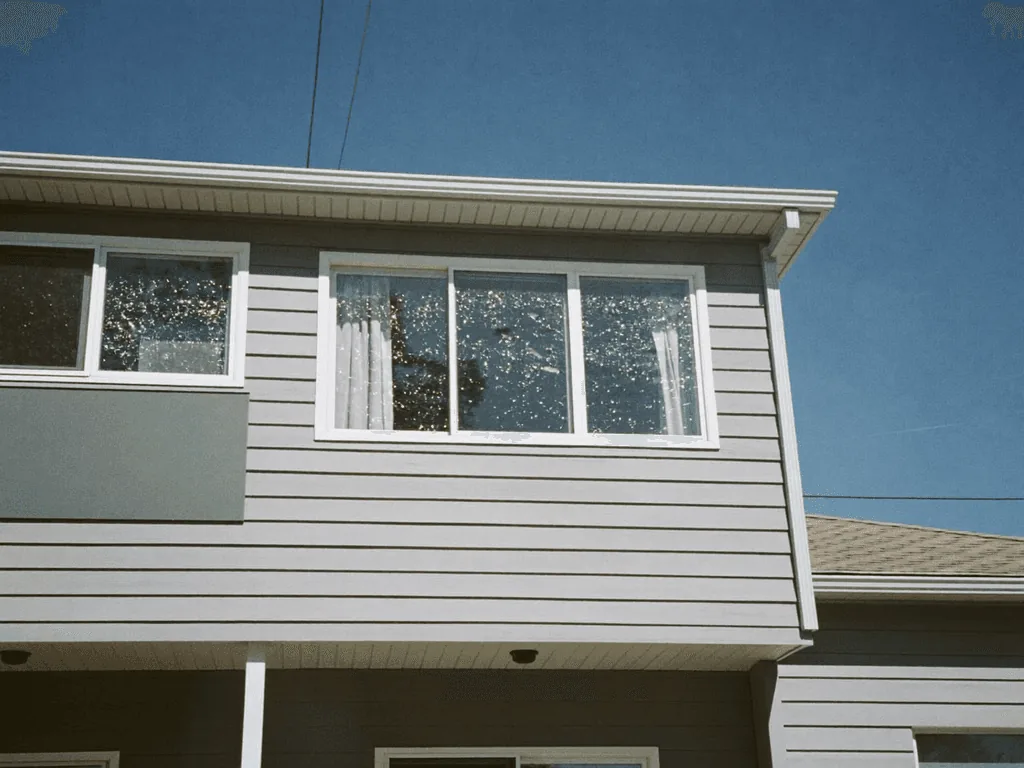 Sparkling clean upstairs windows on a gray two-story home against blue sky